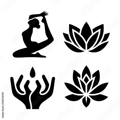 Collection of four black silhouette icons representing yoga lotus flowers and hands holding water