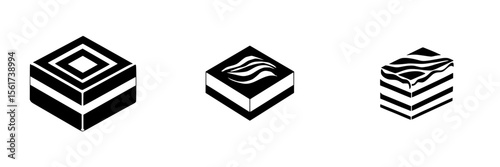 Collection of silhouette pictograms depicting various types of desserts, including layered cakes and chocolates in black and white style