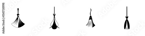 Silhouette pictograms showcasing various broom designs in black and white for cleaning and home maintenance