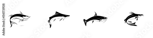 Silhouette pictograms of various fish in dynamic postures for graphic design and illustration purposes