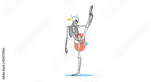 An Artistic Skeleton Demonstrates Extreme Flexibility in a Graceful Dance Pose with Abstract Color Accents