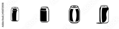 Various silhouettes of beverage cans in different orientations showcasing a simple vector design suitable for icons