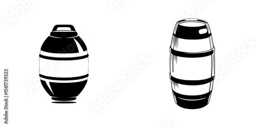 Silhouette set of barrel and keg icons depicting storage vessels used for liquids