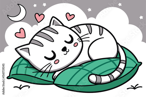 Adorable sleeping cat surrounded by small hearts conveying love and romance