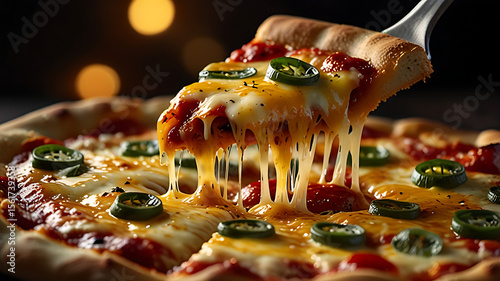 Slice of Pizza Perfection: A delectable slice of pizza is lifted from a beautifully presented whole pizza, boasting a symphony of melted cheese and fresh toppings, ready to be savored.
