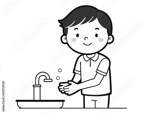 Cartoon illustration of a boy washing his hands in black and white for hygiene.