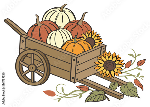 Autumn harvest pumpkins and sunflowers in wooden wagon seasonal fall design vector illustration