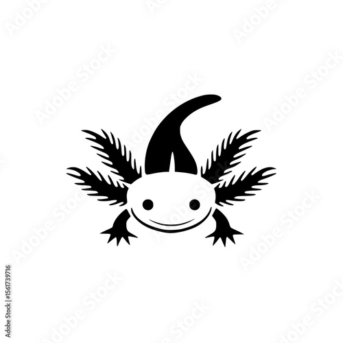 Silhouette pictogram featuring an axolotl with distinct features and aquatic elements in a minimalist design suitable for various applications