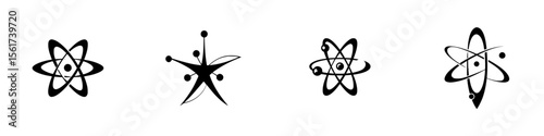 Collection of silhouette pictograms representing atomic structures and scientific themes in black and white vector design
