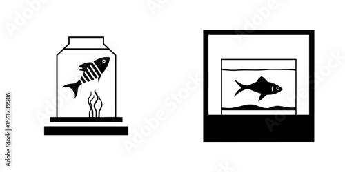 Collection of silhouette pictograms featuring a fish in a traditional aquarium and modern fish tank design