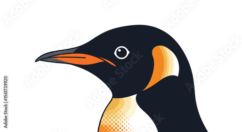 A Close Up Portrait of a Penguin Bird with Dark Blue and White Feathers and Orange Beak Details
