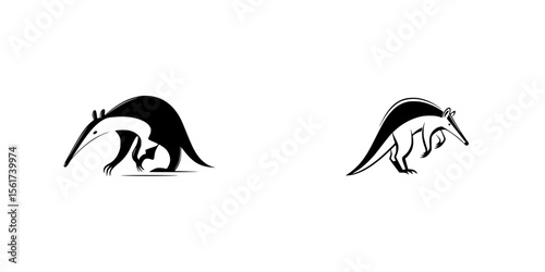 Stylized silhouette pictogram set featuring anteaters showcasing different poses and actions in a minimalist design