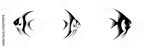 Silhouette pictogram set featuring three distinctive fish designs in black and white for creative projects and aquatic themes