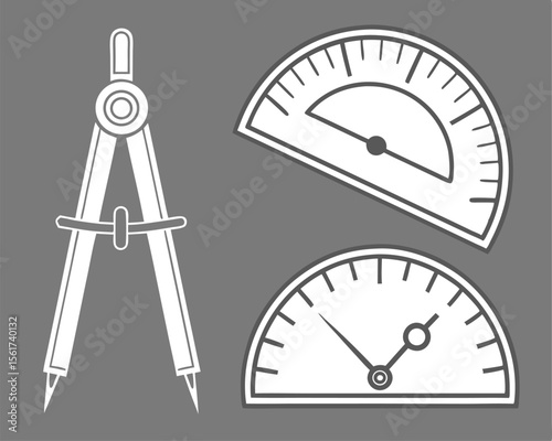 Simple vector illustration of compasses and semi circular protractors on a gray background.