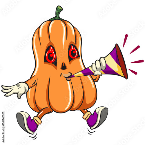 funny halloween pumpkin mascot blow the party horn trumpet, vector cartoon illustration isolated on transparent background, work of hand drawn