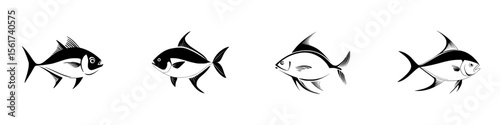 Silhouette pictograms of various fish designs representing aquatic life and marine biodiversity