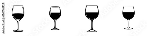 Collection of vector icons depicting wine glasses in various styles and shapes set against a neutral background