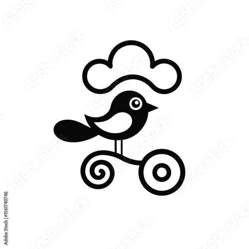 Stylized black bird on a wheeled cart under a decorative cloud