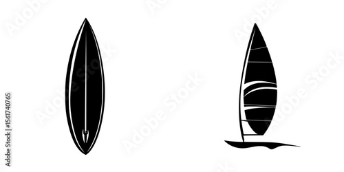Silhouette pictograms of surfboard and sailboat designs illustrating water sports icons for creative projects