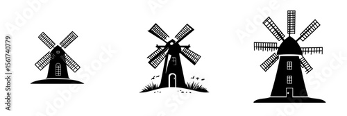 Collection of silhouette pictograms depicting various windmills in a minimalist design for creative projects and illustrative purposes