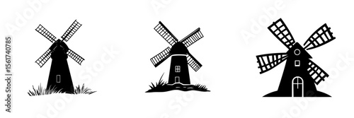 Silhouette pictograms of windmills showcasing traditional designs and unique features in a minimalist style