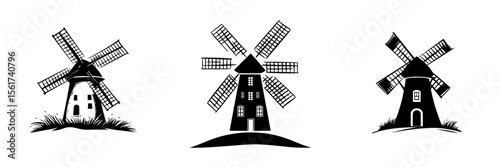 Collection of silhouette pictograms featuring traditional windmills in various designs and orientations for versatile graphic use