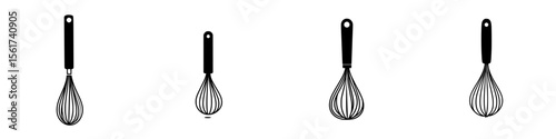 Silhouette pictograms of whisks in various designs illustrating kitchen utensils used for mixing and beating