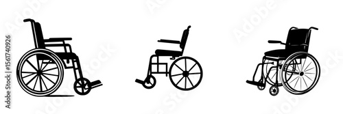 Silhouette pictograms showcasing a set of wheelchair icons with varying perspectives designed for accessibility themes