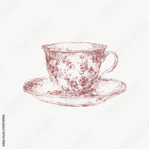 Retro tea party red illustration with dainty cup and floral ornaments. Stipple ink sketch in retro style, noisy halftone texture for elegant design.