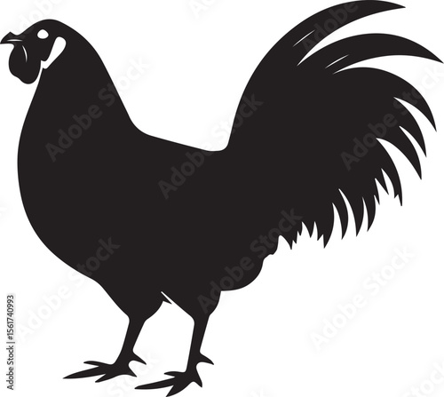 A vector silhouette of a rooster with a black and white feather on a farm isolated on white.