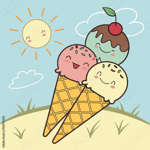 Colorful Ice Cream Cones by the Ocean