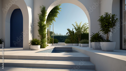 Serene Oasis: Tranquil plants in vibrant planters within a minimalist building frame the serenity of a blue doorway, evoking peace and harmony.