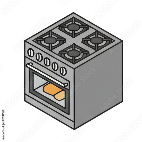 Isometric view of a kitchen stove with oven baking bread inside.