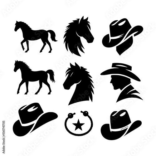 Collection of black silhouette icons featuring horses cowboy hats and a lasso with a star