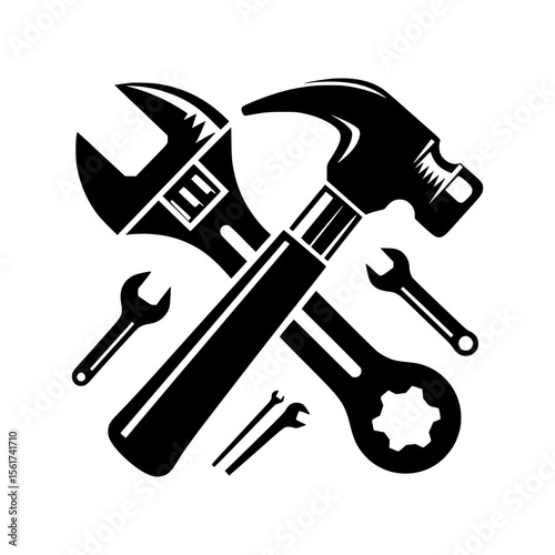 Collection of various hand tools including a hammer and wrenches on a white background
