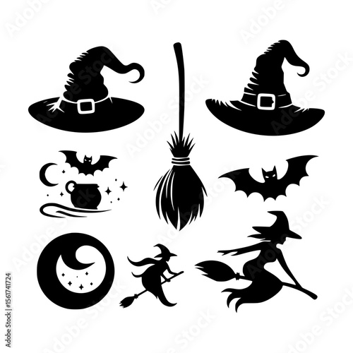 Collection of halloween silhouettes featuring witches bats broomsticks and cauldron