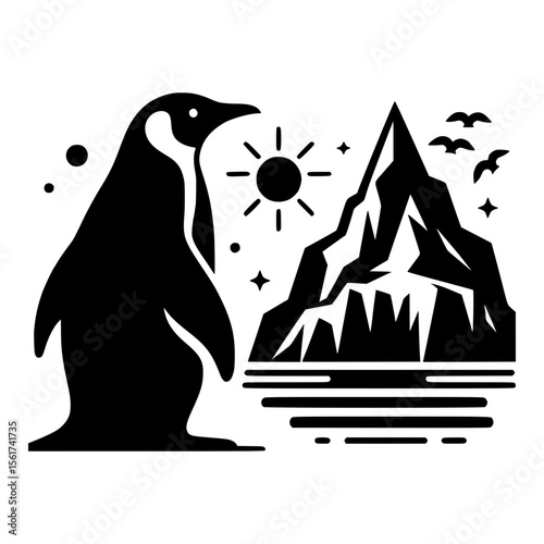 Stylized penguin stands by icy mountain and sun in arctic landscape