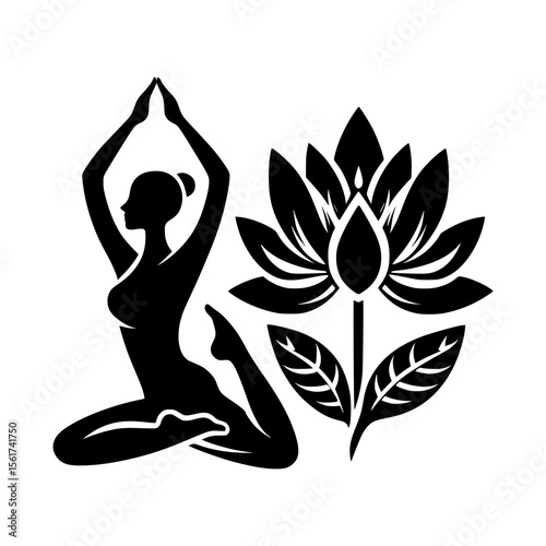 Silhouette of a woman in a yoga pose next to a stylized lotus flower