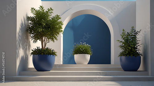 Serene Oasis: Tranquil plants in vibrant planters within a minimalist building frame the serenity of a blue doorway, evoking peace and harmony.