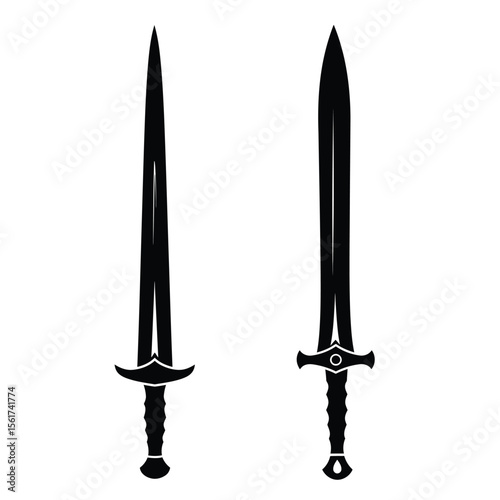 Four stylized monochrome sword designs; fantasy, medieval, game asset, vector illustration.