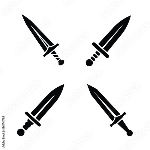 Four stylized monochrome sword designs; fantasy, medieval, game asset, vector illustration.