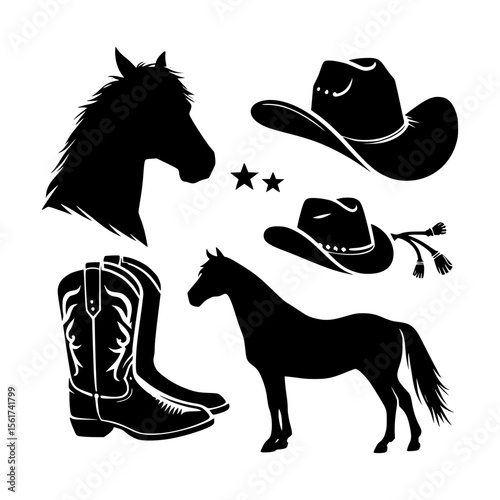 Collection of western cowboy silhouettes including horses hats and boots