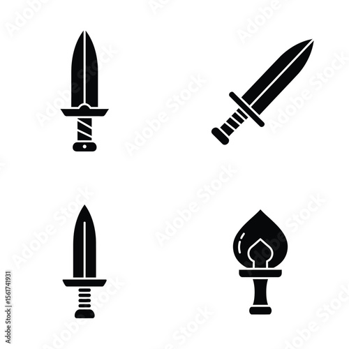 Four stylized monochrome sword designs; fantasy, medieval, game asset, vector illustration.