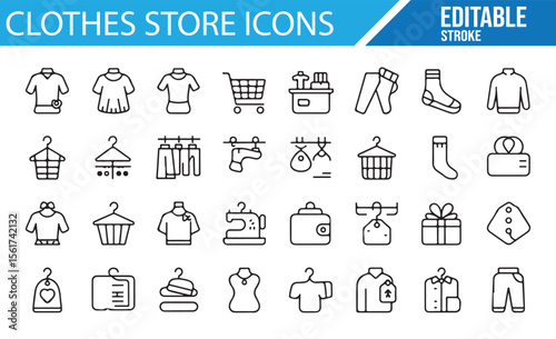 Editable icons for fashion stores, including clothing racks, shoes, and shopping carts.