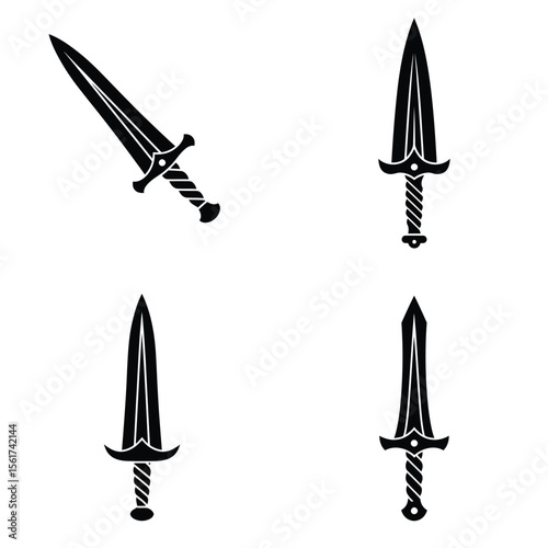 Four stylized monochrome sword designs; fantasy, medieval, game asset, vector illustration.