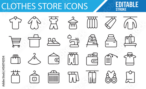 Set of vector icons for clothes stores, including shopping carts, hangers, and clothing tags.

