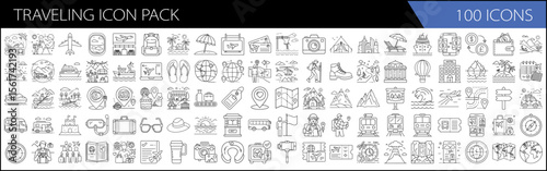 one hundred Adventure & Tourism Line Icons for Wanderlust Creators, Traveling Icon Pack