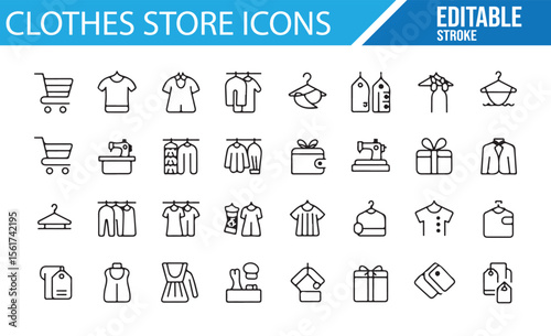 Editable vector icons for retail shops, fashion boutiques, and apparel stores.

