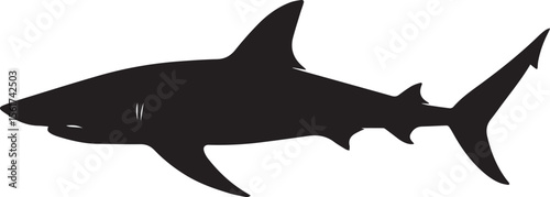 Underwater vector illustration of a cartoon shark with prominent teeth and a blue fin, isolated on a white background.