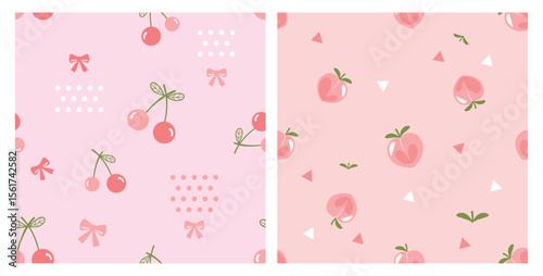 Seamless patterns with cherry fruit, ribbon bows, dot, peach apricot and small triangles on pink backgrounds vector. Cute fruit prints.